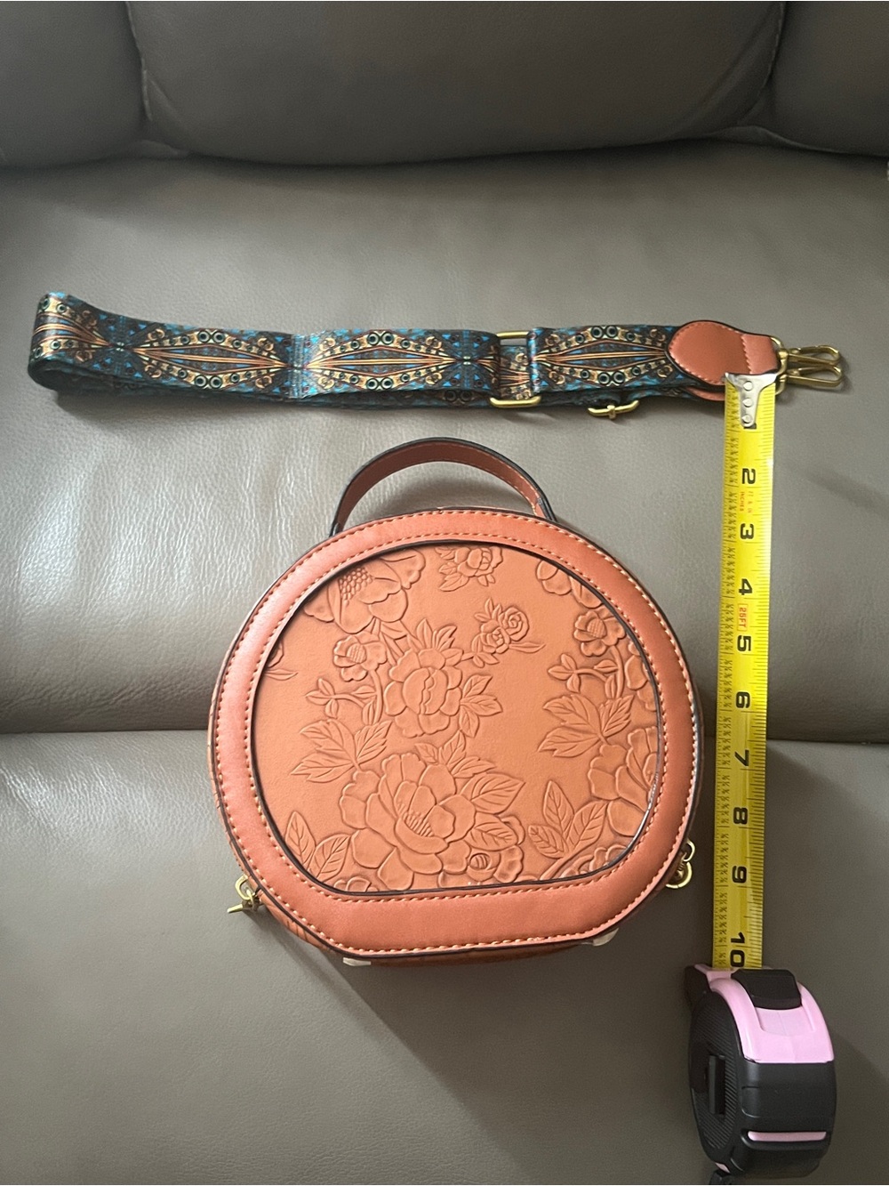 Source Unknown Embossed Floral Round Crossbody Bag in Brown